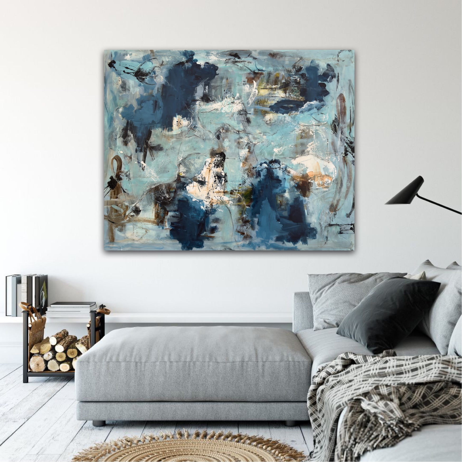 Abstrakt maleri, 150x120 eller 120x150 cm, "Nr. 39” by Lone Reedtz , Abstrakt ekspressivt akrylmaleri på lærred Black Blue Brown Grey Ochre White