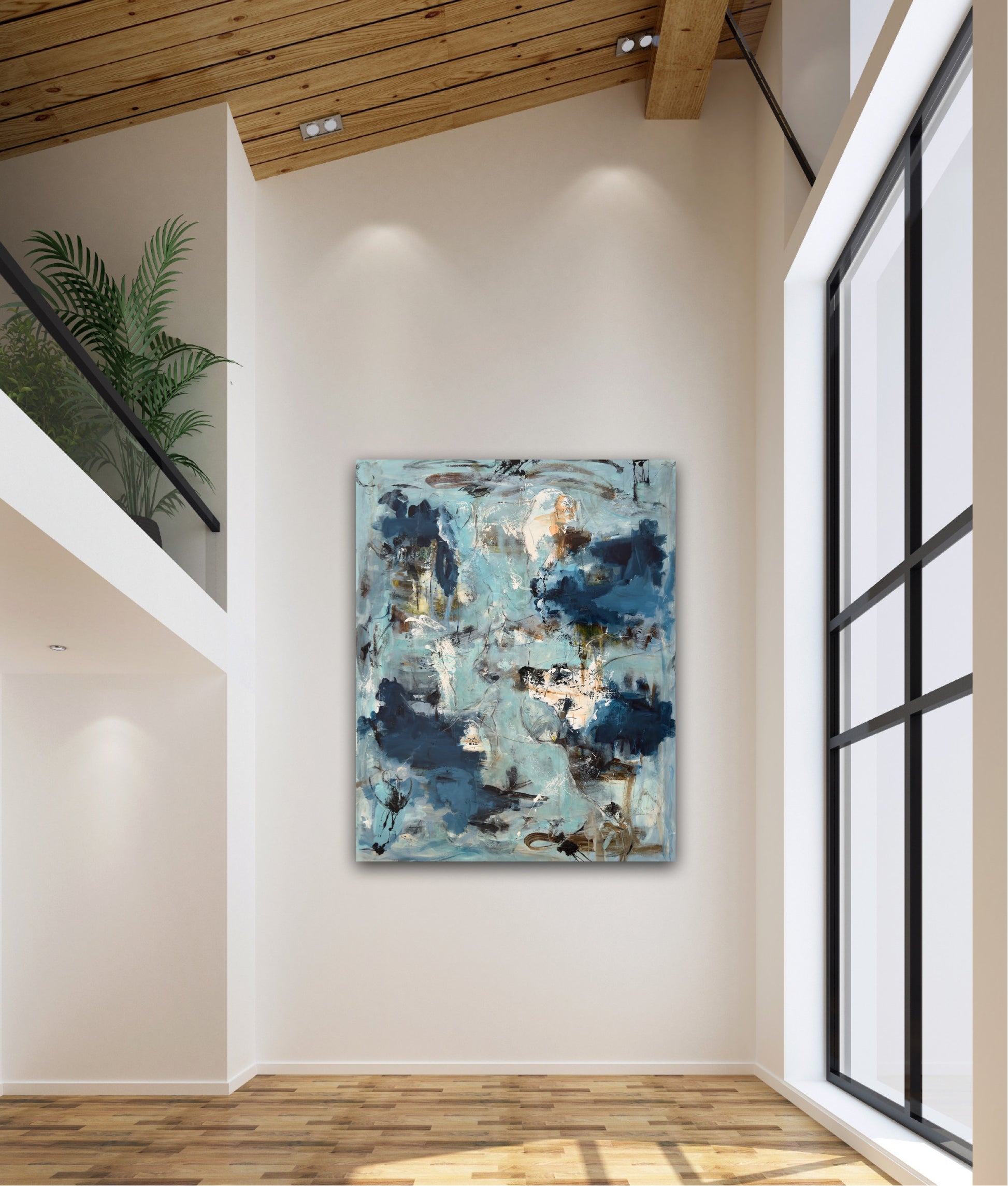 Abstrakt maleri, 150x120 eller 120x150 cm, "Nr. 39” by Lone Reedtz , Abstrakt ekspressivt akrylmaleri på lærred Black Blue Brown Grey Ochre White