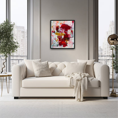 Abstrakt maleri, 60x50 cm, "Laid back” by Lone Reedtz , Abstrakt ekspressivt akrylmaleri på lærred Med sort svæveramme Black Brown Grey Ochre Orange Pink Red White