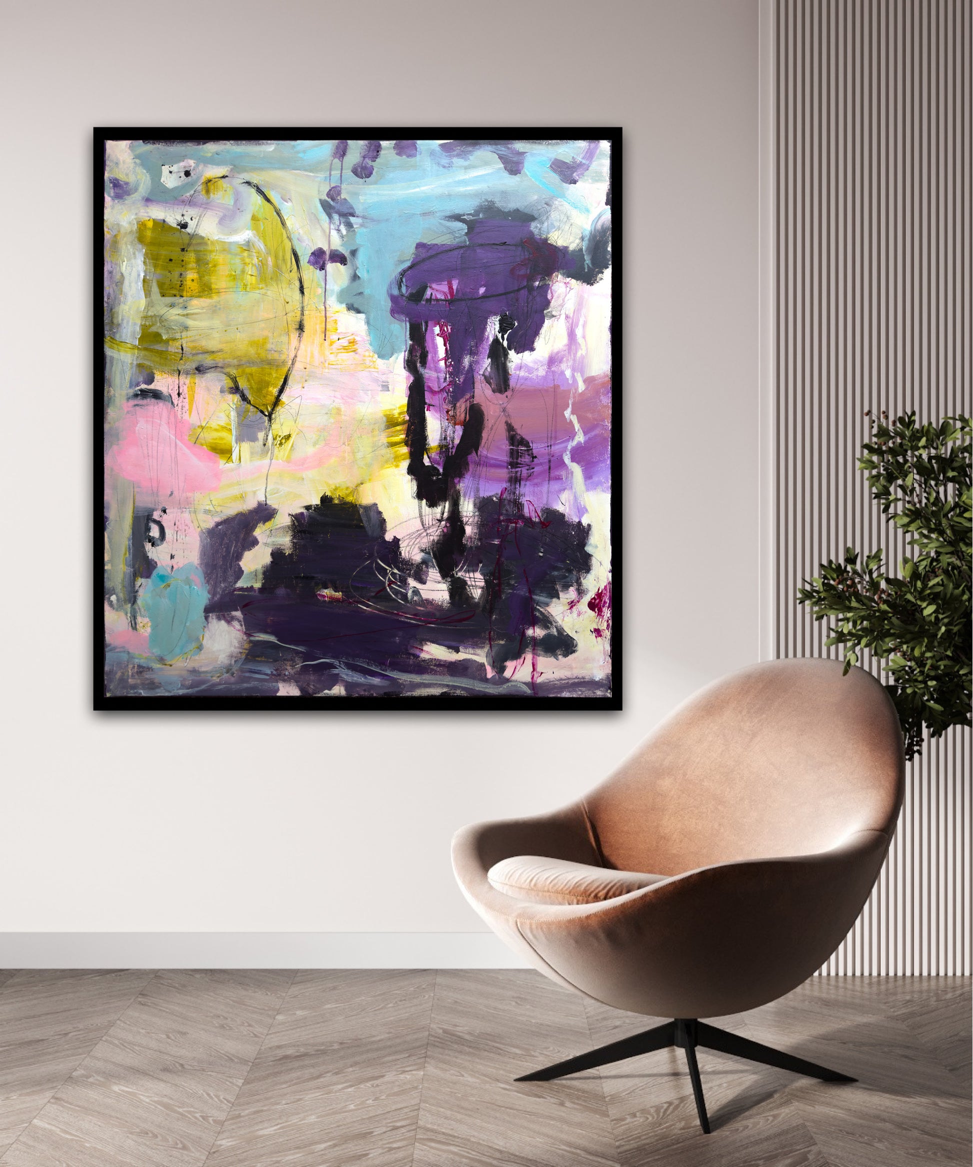Abstrakt maleri, 90x100 cm, "Live happy" by Lone Reedtz , Abstrakt ekspressivt akrylmaleri på lærred Med sort svæveramme