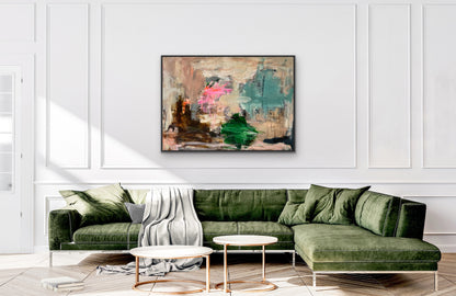 Abstrakt maleri, 100x140 cm, "Guardian angels" by Lone Reedtz , Abstrakt ekspressivt akrylmaleri på lærred Med sort svæveramme Black Blue Brown Grey Ochre Orange Pink White