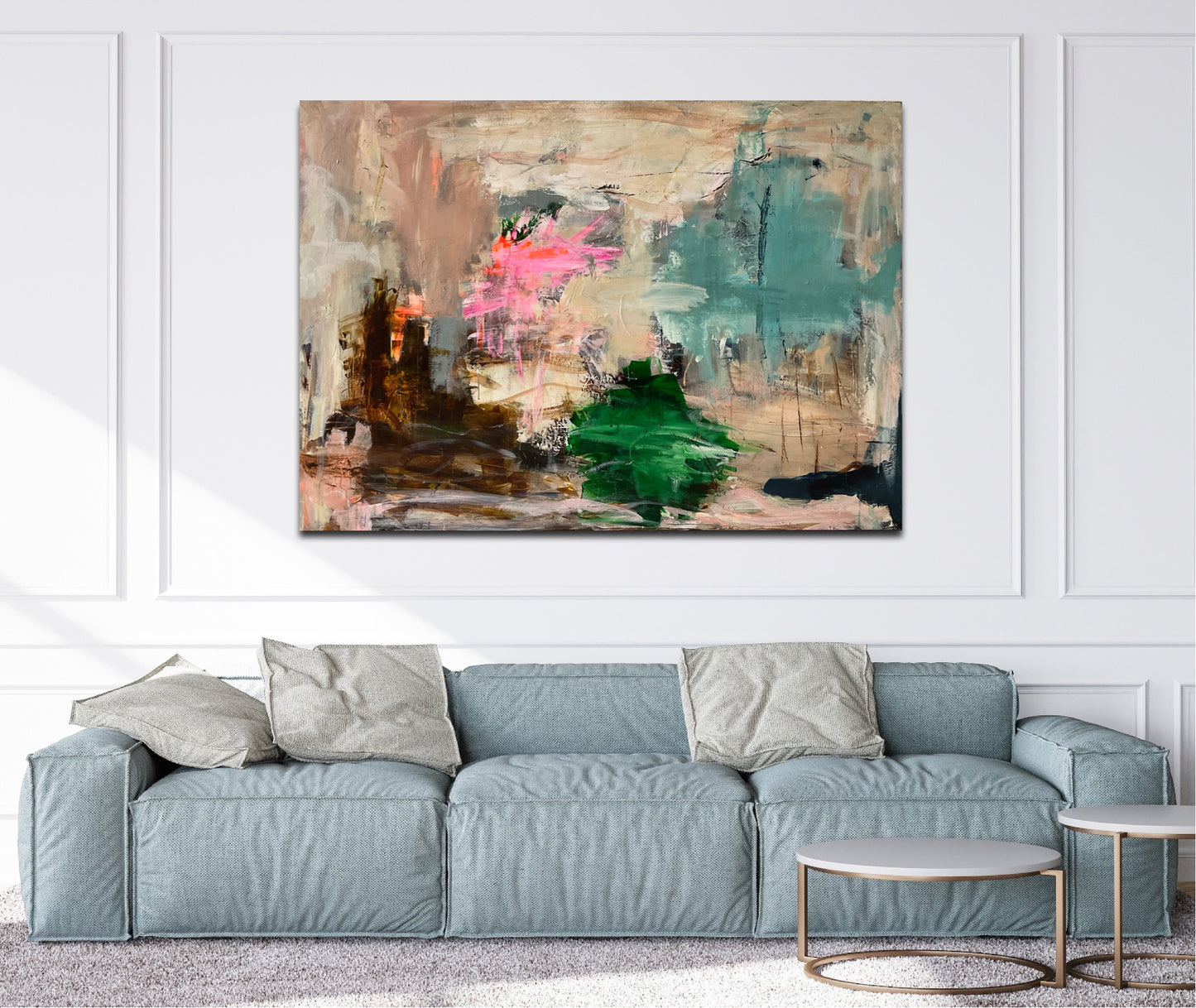 Abstrakt maleri, 100x140 cm, "Guardian angels" by Lone Reedtz , Abstrakt ekspressivt akrylmaleri på lærred Black Blue Brown Grey Ochre Orange Pink White