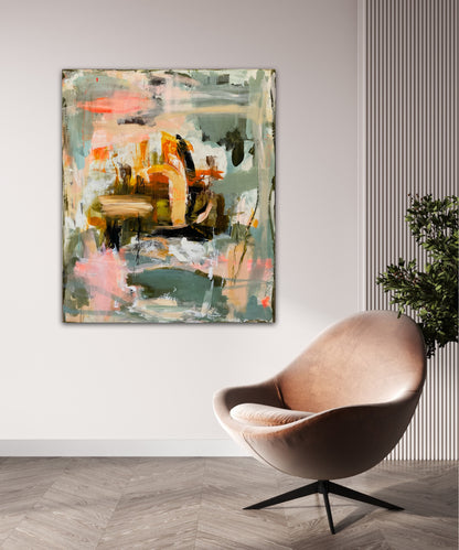 Abstrakt maleri, 120x100 cm, “SWIM INTO THE WORLD” by Lone Reedtz , Abstrakt ekspressivt akrylmaleri på lærred Blue Brown Green Grey Orange Pink White Yellow