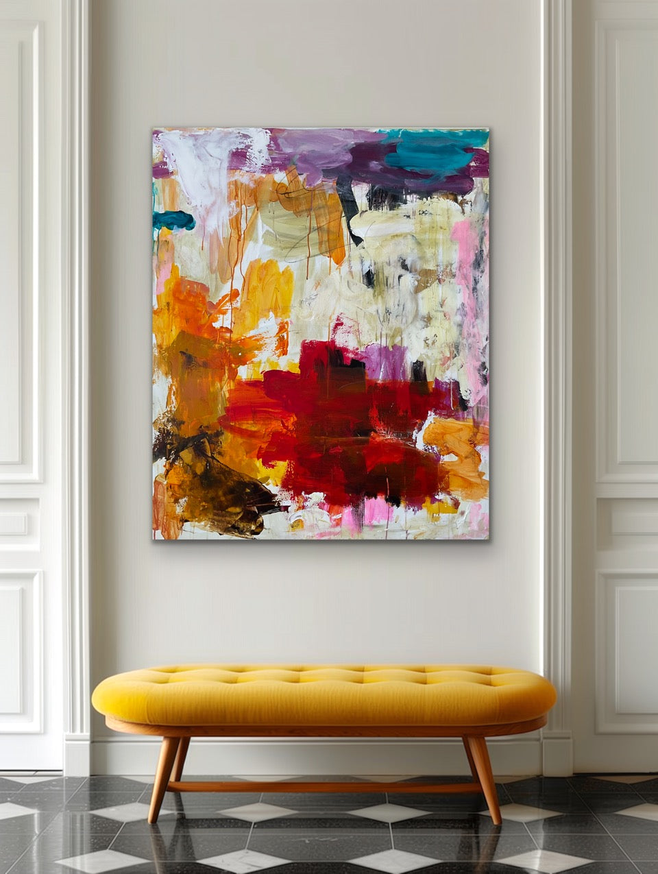 Abstrakt maleri, 120x100 cm, “ENERGY” by Lone Reedtz , Abstrakt ekspressivt akrylmaleri på lærred Uden ramme Blue Brown Green Grey Kunstsamlingen-katalog-2025 Orange Pink White Yellow