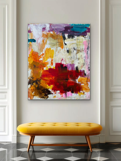 Abstrakt maleri, 120x100 cm, “ENERGY” by Lone Reedtz , Abstrakt ekspressivt akrylmaleri på lærred Uden ramme Blue Brown Green Grey Kunstsamlingen-katalog-2025 Orange Pink White Yellow