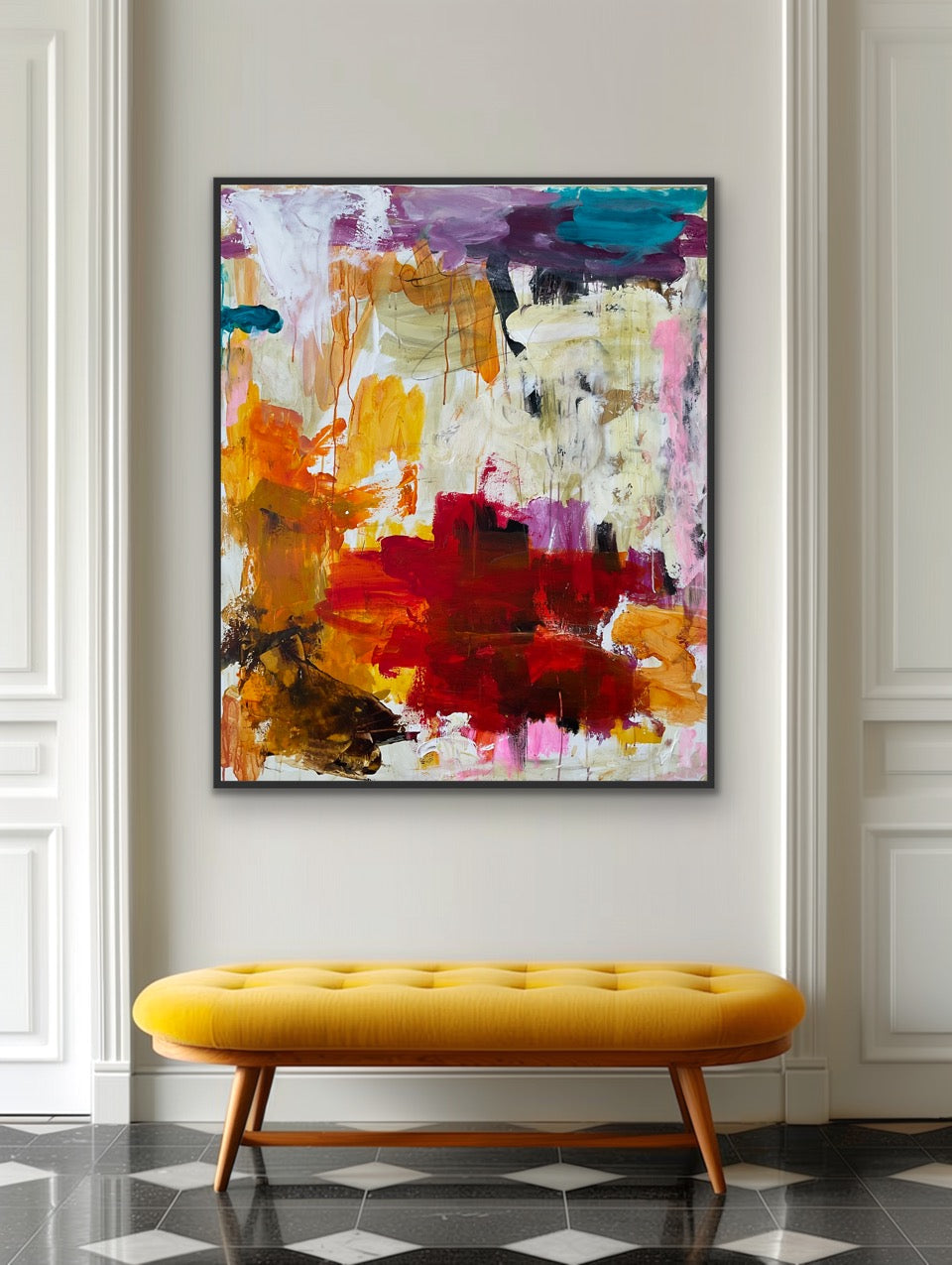 Abstrakt maleri, 120x100 cm, “ENERGY” by Lone Reedtz , Abstrakt ekspressivt akrylmaleri på lærred Med sort svæveramme Blue Brown Green Grey Kunstsamlingen-katalog-2025 Orange Pink White Yellow