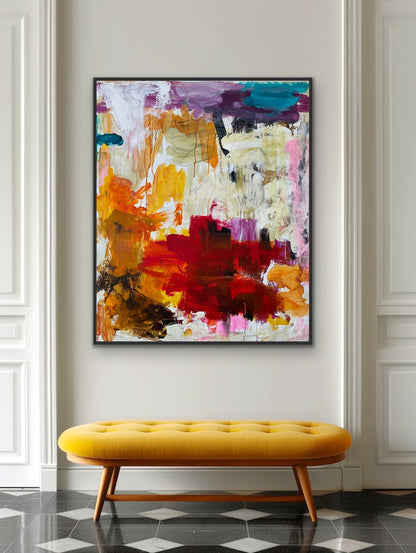 Abstrakt maleri, 120x100 cm, “ENERGY” by Lone Reedtz , Abstrakt ekspressivt akrylmaleri på lærred Med sort svæveramme Blue Brown Green Grey Kunstsamlingen-katalog-2025 Orange Pink White Yellow