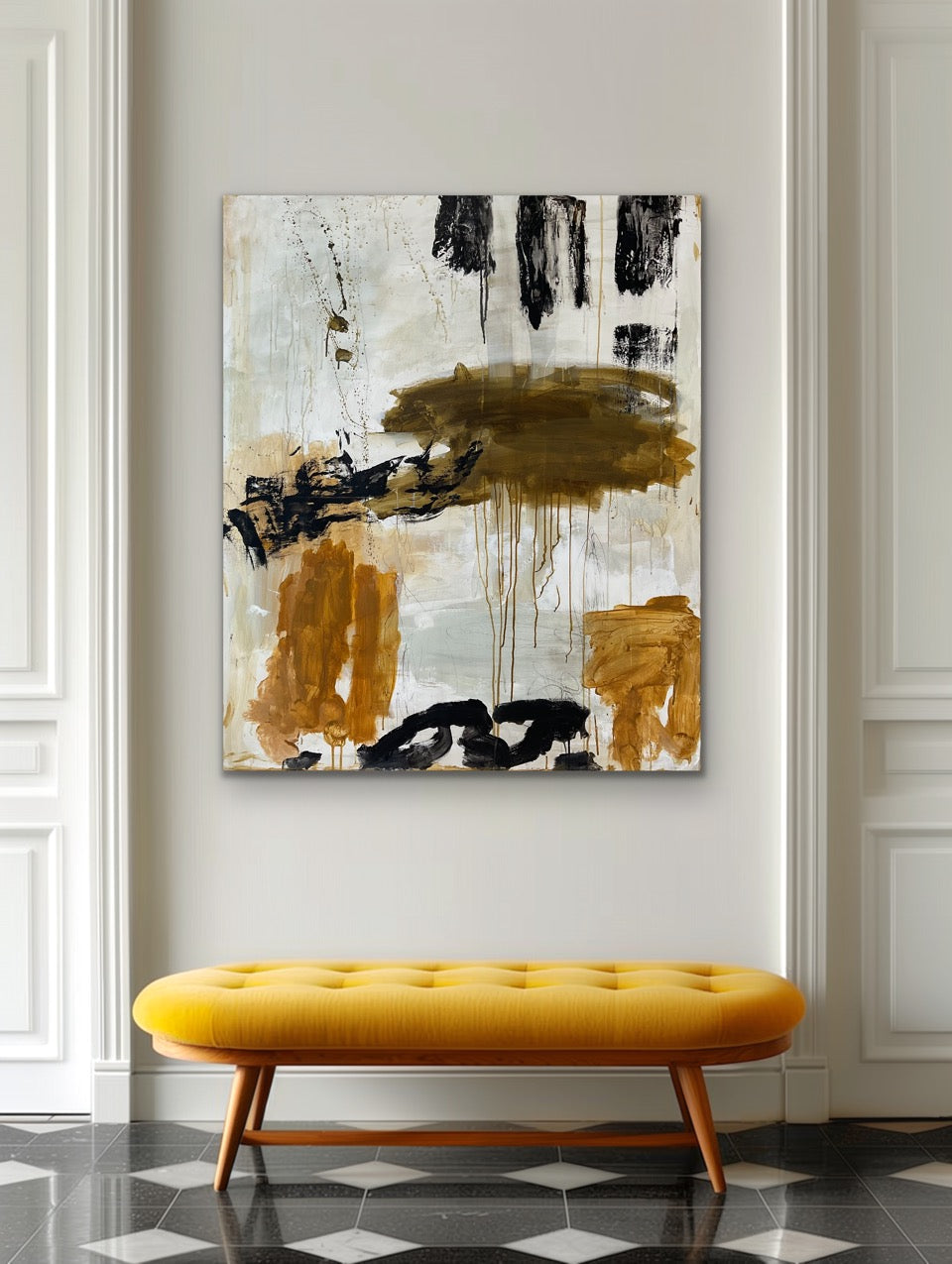 Abstrakt maleri, 120x100 cm, “IN BETWEEN” by Lone Reedtz , Abstrakt ekspressivt akrylmaleri på lærred Uden ramme Blue Brown Green Grey Kunstsamlingen-katalog-2025 Orange Pink White Yellow