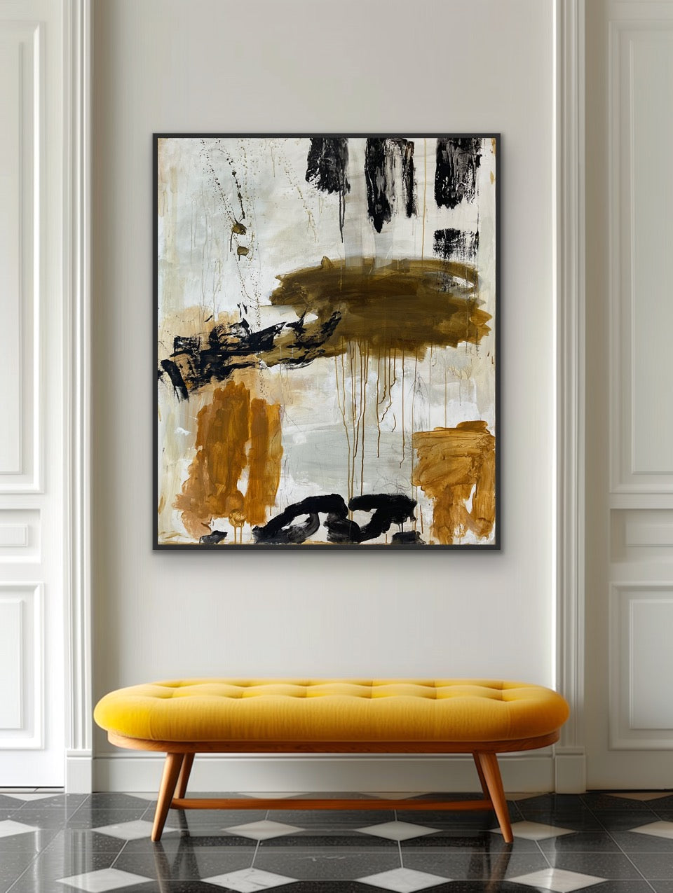 Abstrakt maleri, 120x100 cm, “IN BETWEEN” by Lone Reedtz , Abstrakt ekspressivt akrylmaleri på lærred Med sort svæveramme Blue Brown Green Grey Kunstsamlingen-katalog-2025 Orange Pink White Yellow