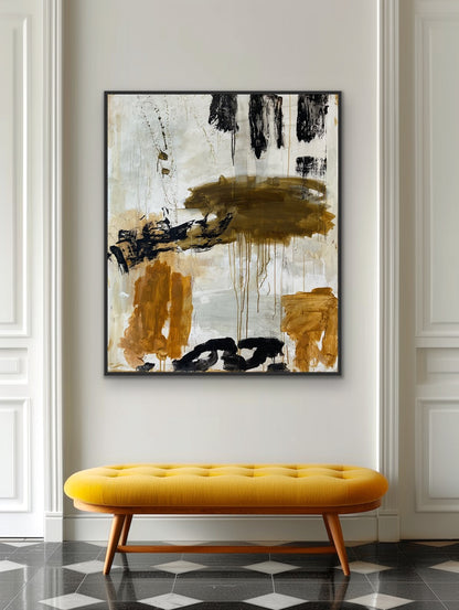 Abstrakt maleri, 120x100 cm, “IN BETWEEN” by Lone Reedtz , Abstrakt ekspressivt akrylmaleri på lærred Med sort svæveramme Blue Brown Green Grey Kunstsamlingen-katalog-2025 Orange Pink White Yellow