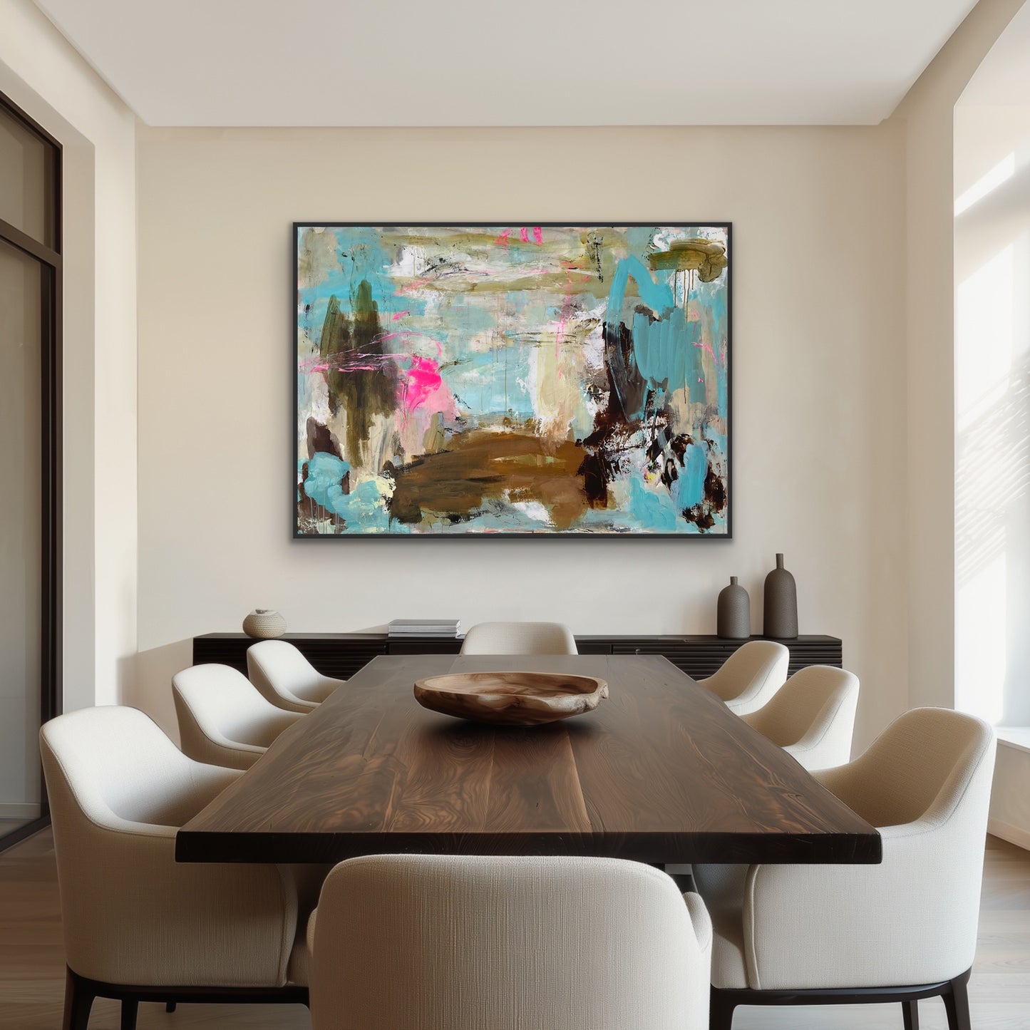 Abstrakt maleri, 100x140 cm, "CHANGE THE WORLD” by Lone Reedtz , Abstrakt ekspressivt akrylmaleri på lærred Med sort svæveramme