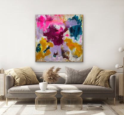 Abstrakt maleri, 120x120 cm, "EMBRACE OF COLORS” by Lone Reedtz , Abstrakt ekspressivt akrylmaleri på lærred