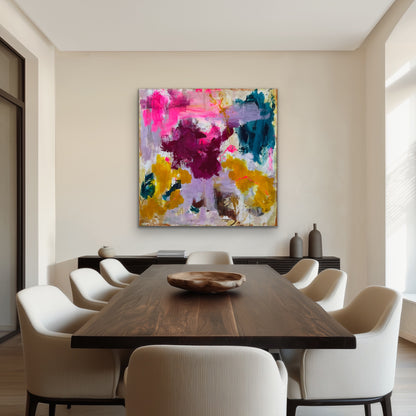 Abstrakt maleri, 120x120 cm, "EMBRACE OF COLORS” by Lone Reedtz , Abstrakt ekspressivt akrylmaleri på lærred