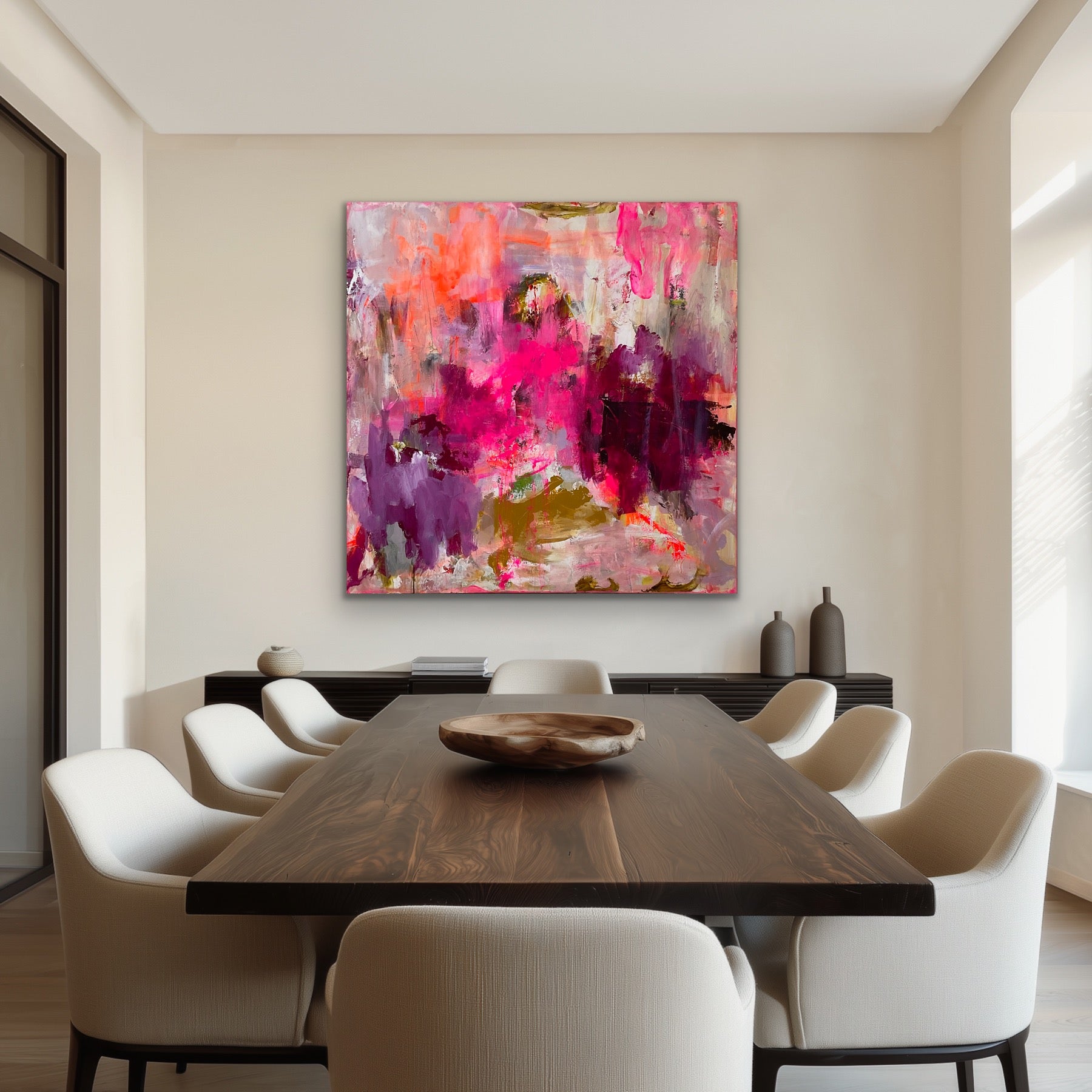 120x120 cm, "LIVET I LYSERØDT” by Lone Reedtz , Abstrakt ekspressivt akrylmaleri på lærred