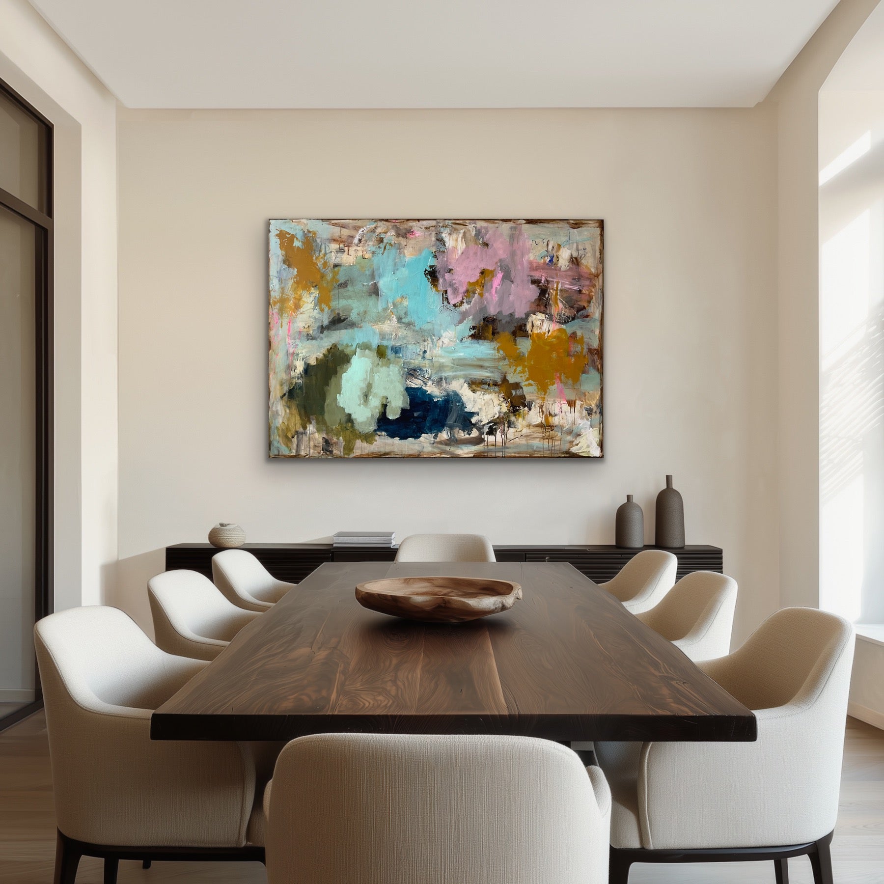 Abstrakt maleri, 100x140 cm, "ANOTHER DAY” by Lone Reedtz , Abstrakt ekspressivt akrylmaleri på lærred horsens-kunstforening
