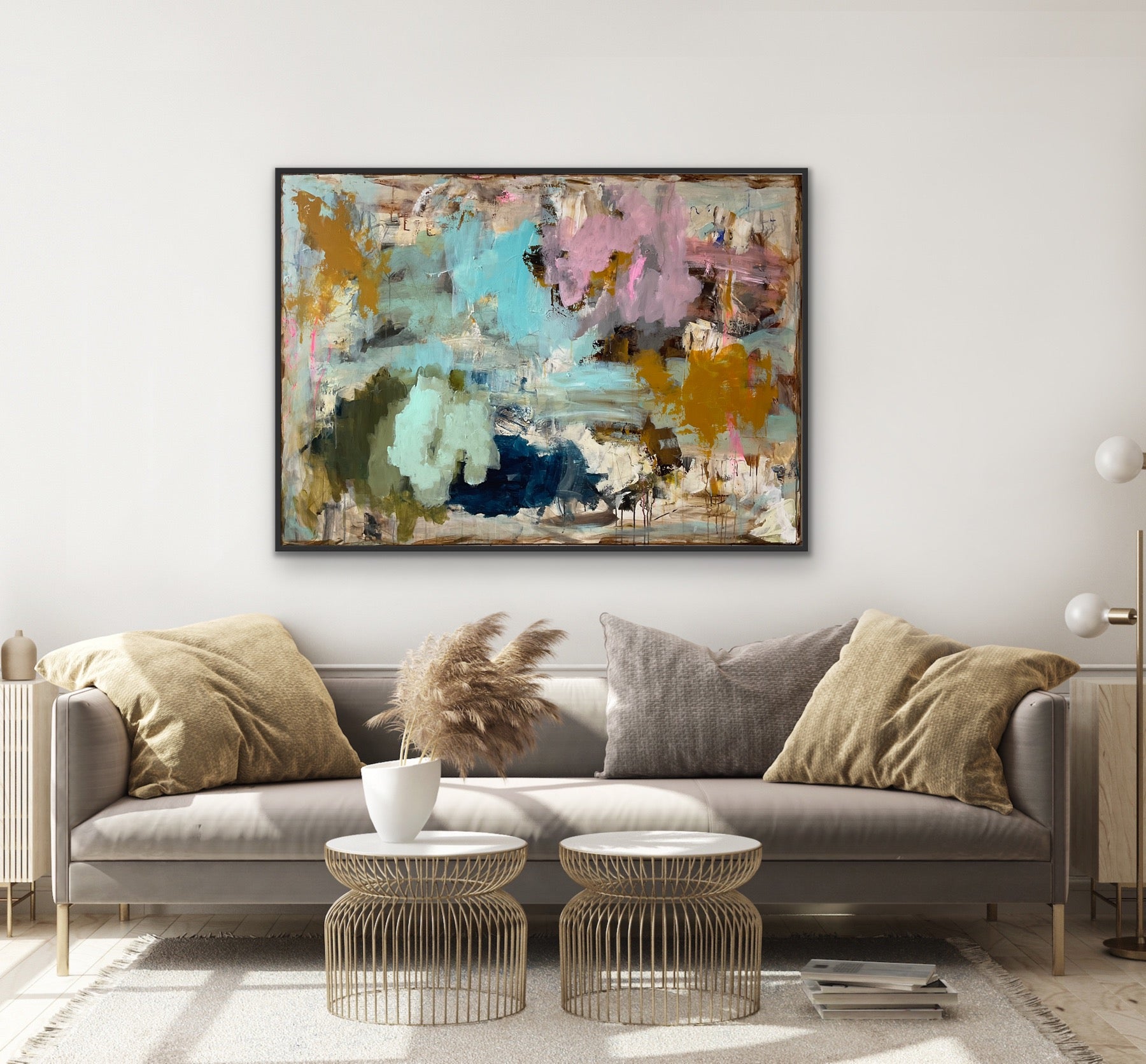 Abstrakt maleri, 100x140 cm, "ANOTHER DAY” by Lone Reedtz , Abstrakt ekspressivt akrylmaleri på lærred Med sort svæveramme horsens-kunstforening