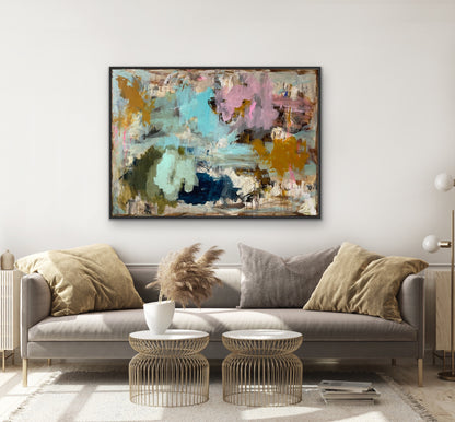 Abstrakt maleri, 100x140 cm, "ANOTHER DAY” by Lone Reedtz , Abstrakt ekspressivt akrylmaleri på lærred Med sort svæveramme horsens-kunstforening