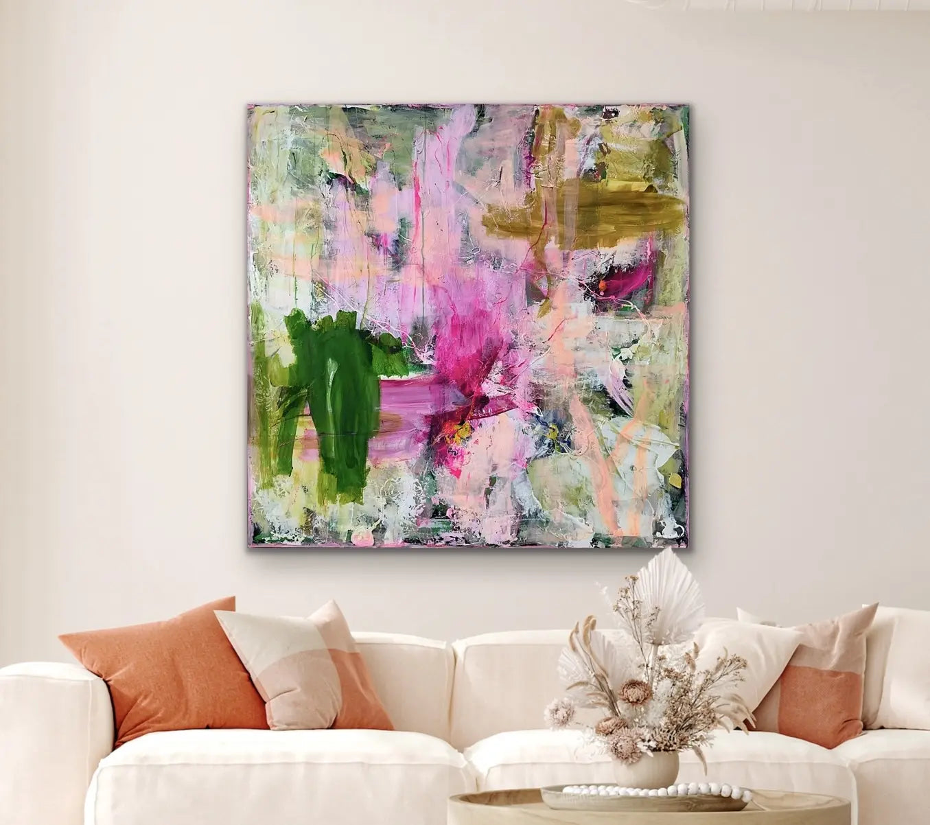 Abstrakt maleri, 120x120 cm, "DREAM VISION” by Lone Reedtz , Abstrakt ekspressivt akrylmaleri på lærred Uden ramme