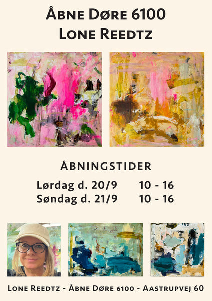 Portrait foto og malerier af Lone Reedtz, en del af Kunstruten Åbne Døre 6100 i Haderslev d. 20.-21. september 2025