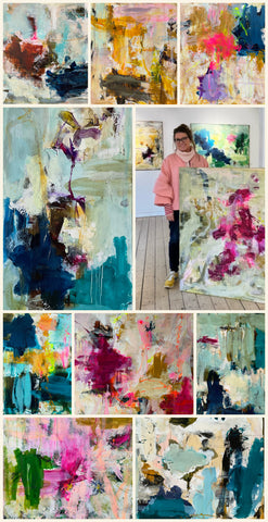 Lone Reedtz abstrakt kunst Skagen Galleri Molevit Efterår 2025 – opslag med ekspressive, farverige malerier og foto af Lone Reedtz blandt sine værker