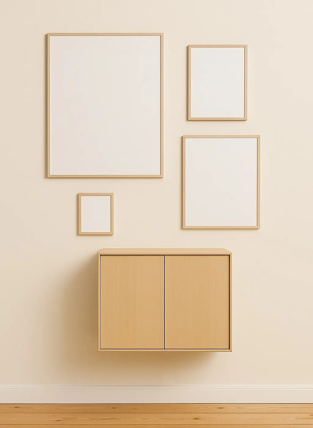 Gallerivæg med rammer af massivt egetræ over en væghængt reol i lyst egetræ