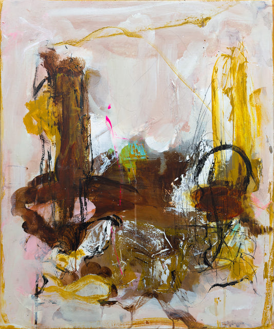 Abstrakt maleri, 50x60cm, “Family” by Lone Reedtz , Abstrakt ekspressivt akrylmaleri på lærred Black Brown Grey Ochre Pink White Yellow