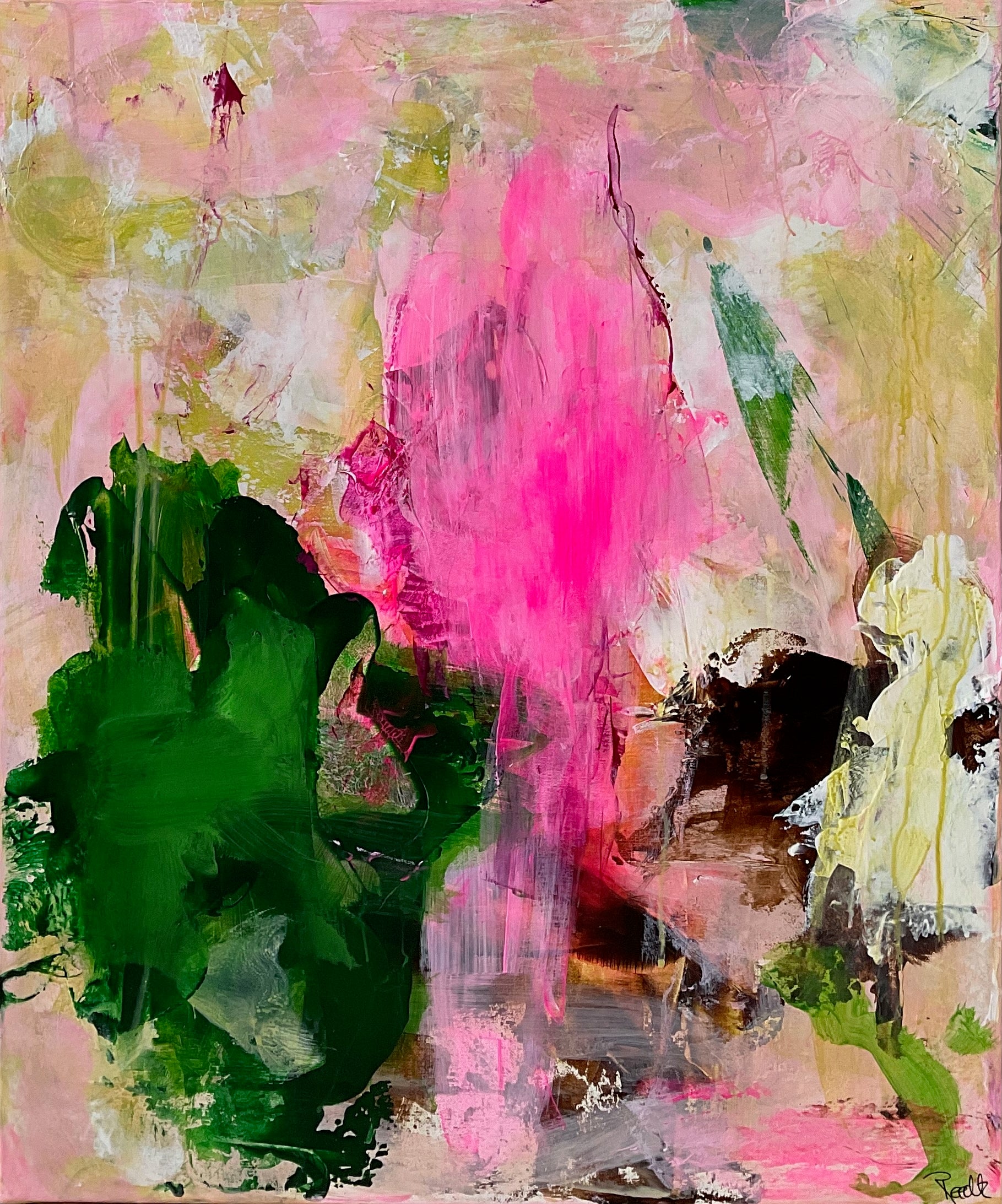 Abstrakt maleri, 60x50 cm, “BETWEEN DREAMS” by Lone Reedtz , Abstrakt ekspressivt akrylmaleri på lærred Black Brown Grey Ochre Pink White Yellow
