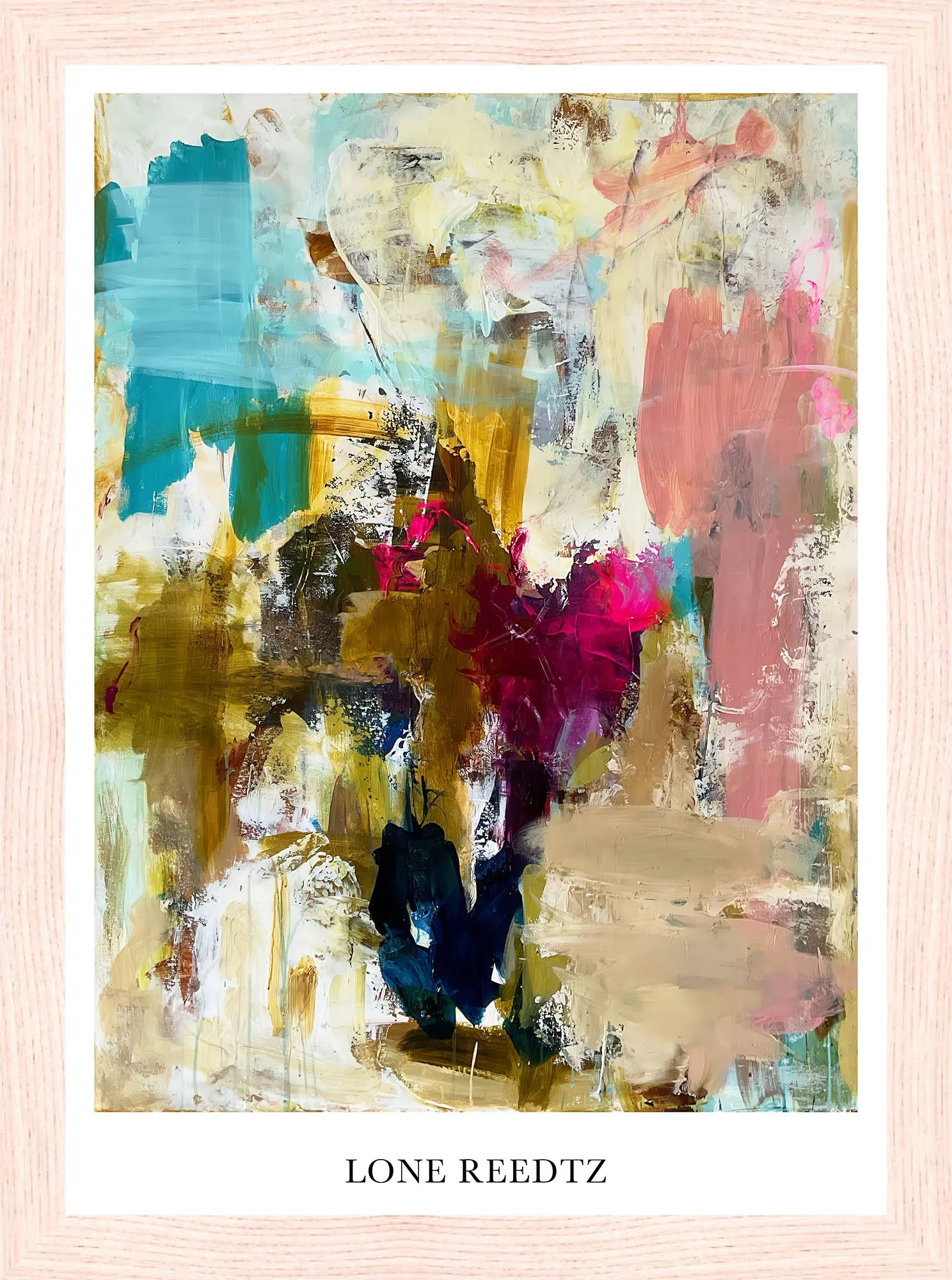 Dive into colors – Abstrakt kunsttryk af Lone Reedtz by Lone Reedtz , Abstrakt ekspressiv kunstplakat 21 x 15 cm (A5) Kunsttryk + Ramme