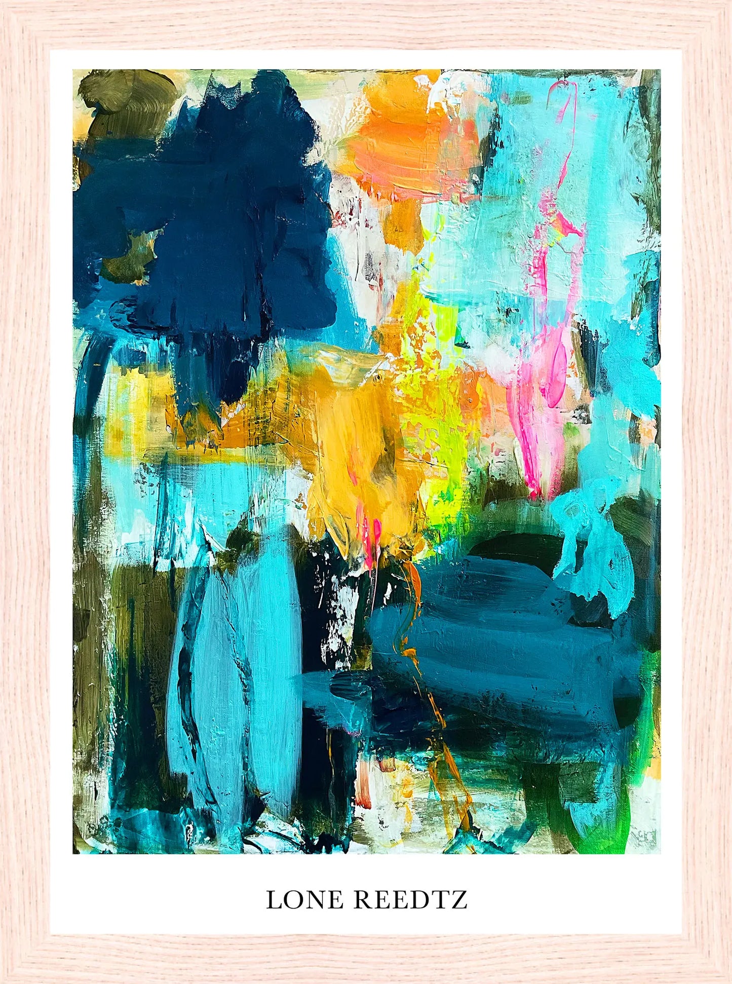 Explore the world – Abstrakt kunsttryk af Lone Reedtz by Lone Reedtz , Abstrakt ekspressiv kunstplakat 21 x 15 cm (A5) Kunsttryk + Ramme