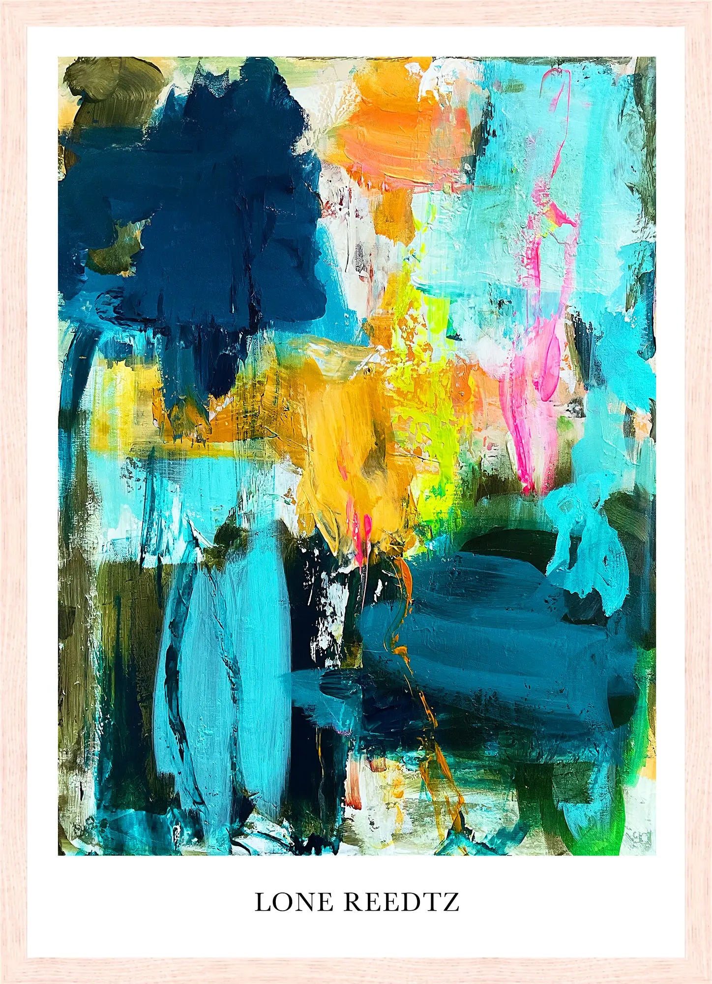 Explore the world – Abstrakt kunsttryk af Lone Reedtz by Lone Reedtz , Abstrakt ekspressiv kunstplakat 42 x 30 cm (A3) Kunsttryk + Ramme