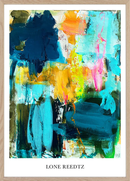 Explore the world – Abstrakt kunsttryk af Lone Reedtz by Lone Reedtz , Abstrakt ekspressiv kunstplakat 60 x 42 cm (A2) Kunsttryk + Ramme