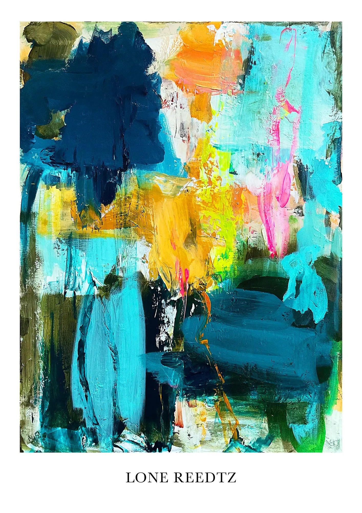 Explore the world – Abstrakt kunsttryk af Lone Reedtz by Lone Reedtz , Abstrakt ekspressiv kunstplakat Kunsttryk