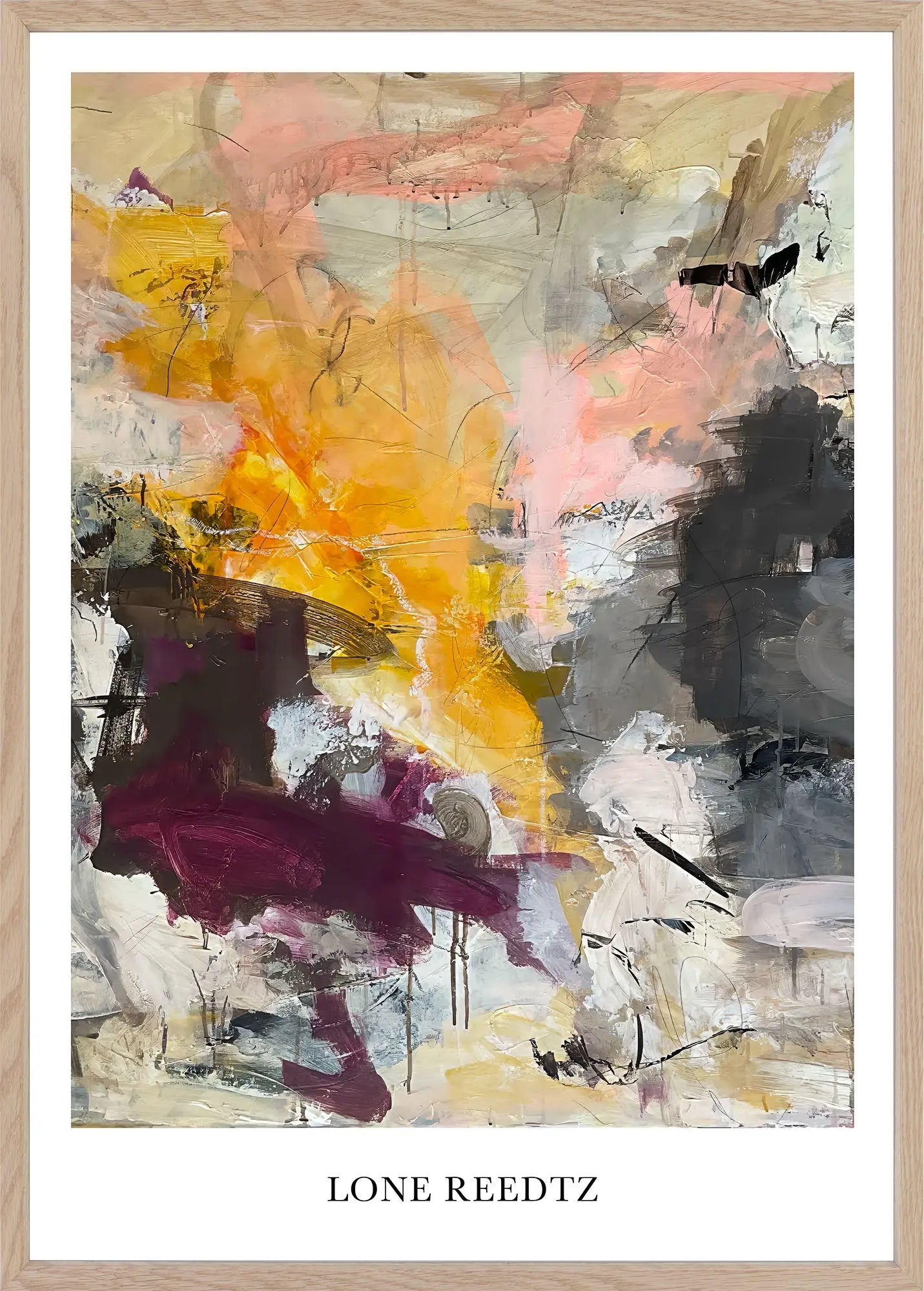 Fall – Abstrakt kunsttryk af Lone Reedtz by Lone Reedtz , Abstrakt ekspressiv kunstplakat 60 x 42 cm (A2) Kunsttryk + Ramme