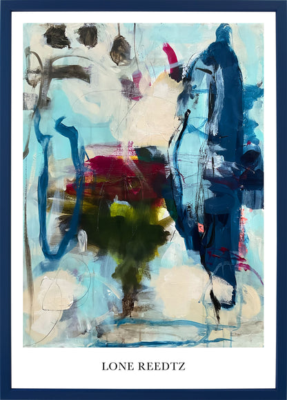 Abstrakt kunstplakat, 62x44 cm, "Lily" - Limited Edition by Lone Reedtz , Abstrakt ekspressiv kunstplakat Mørkeblå træramme