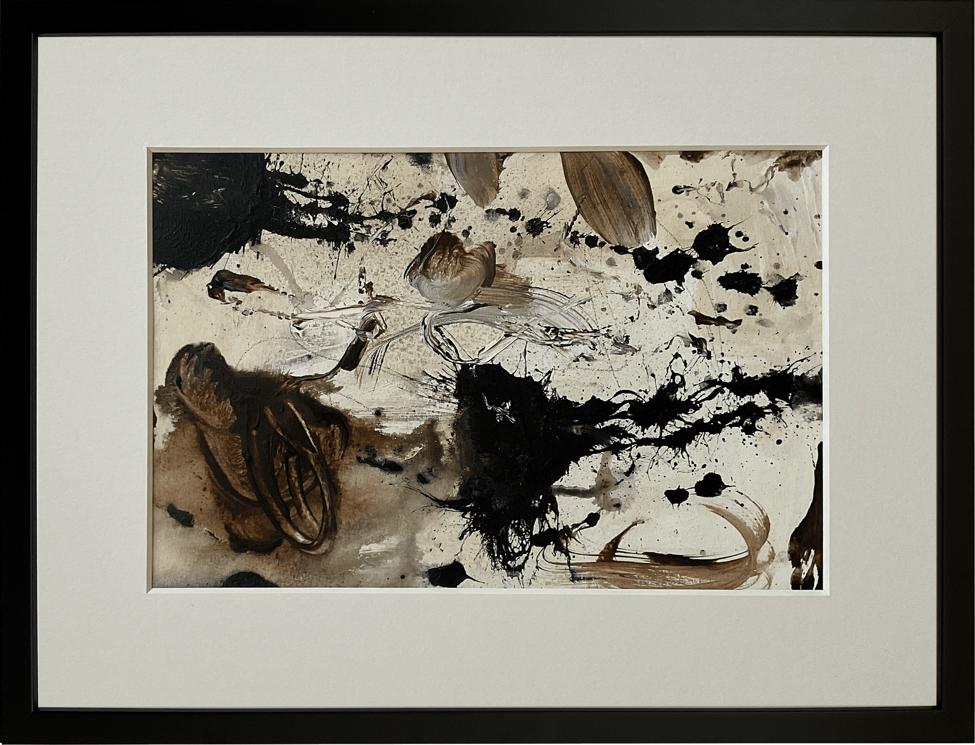 Paperwork nr. 30, 30x40 cm med valgfri indramning by Lone Reedtz , Abstrakt ekspressivt akrylmaleri på papir i passepartout Vandret 1 Med sort træramme Black Brown