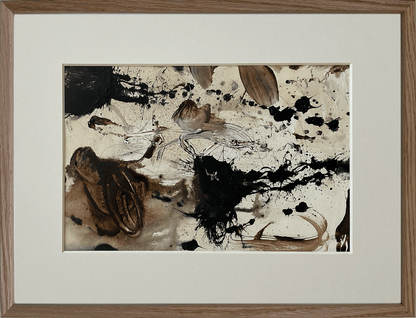 Paperwork nr. 30, 30x40 cm med valgfri indramning by Lone Reedtz , Abstrakt ekspressivt akrylmaleri på papir i passepartout Vandret 1 Med massiv egetræsramme Black Brown