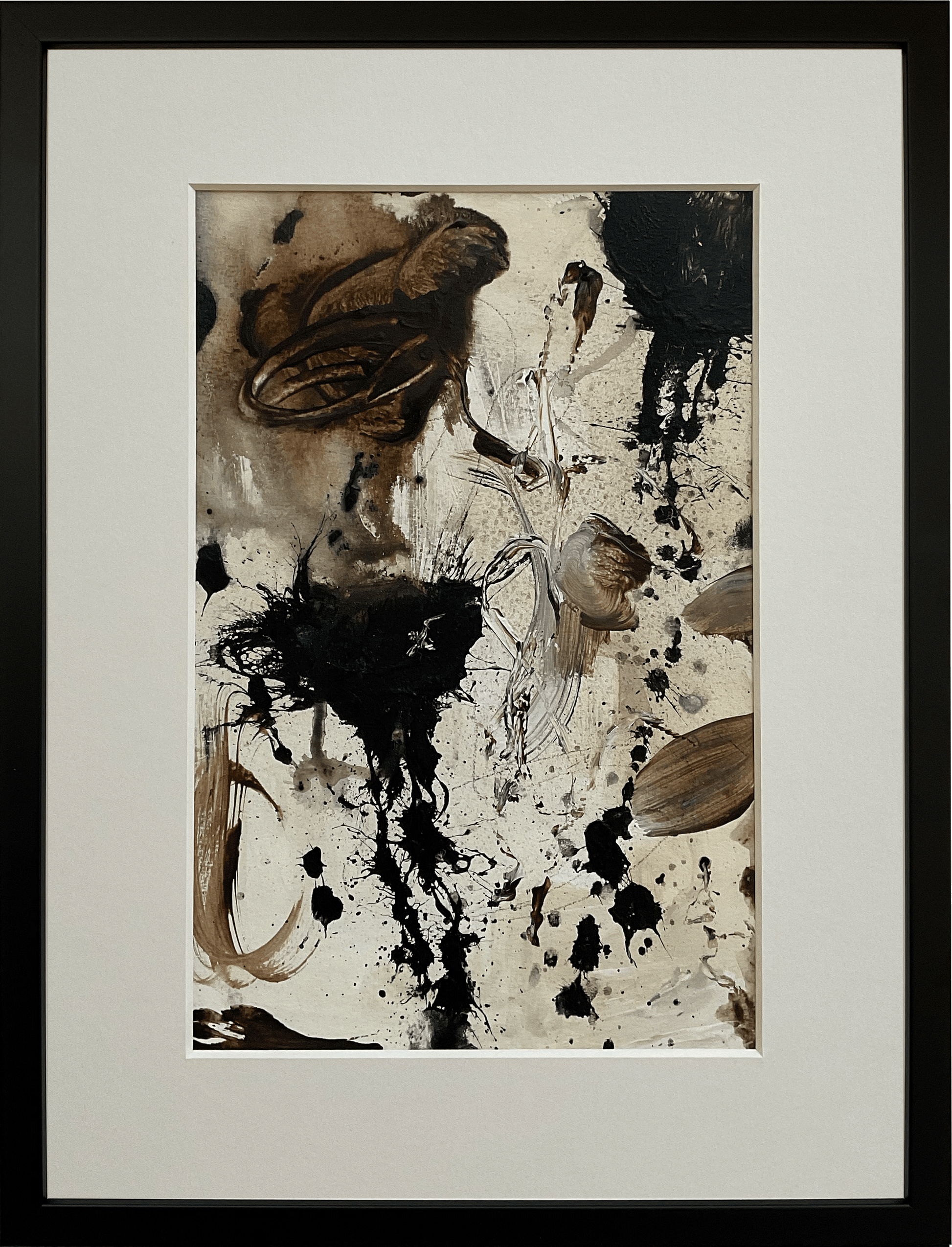 Paperwork nr. 30, 30x40 cm med valgfri indramning by Lone Reedtz , Abstrakt ekspressivt akrylmaleri på papir i passepartout Lodret 2 Med sort træramme Black Brown