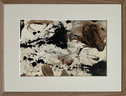 Paperwork nr. 30, 30x40 cm med valgfri indramning by Lone Reedtz , Abstrakt ekspressivt akrylmaleri på papir i passepartout Vandret 2 Med massiv egetræsramme Black Brown