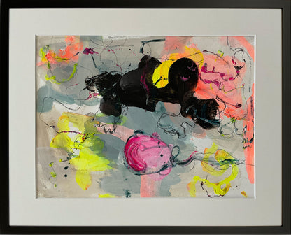 Paperwork nr. 3, 40x50 cm med valgfri indramning by Lone Reedtz , Abstrakt ekspressivt akrylmaleri på papir i passepartout 3 Med sort træramme Childish