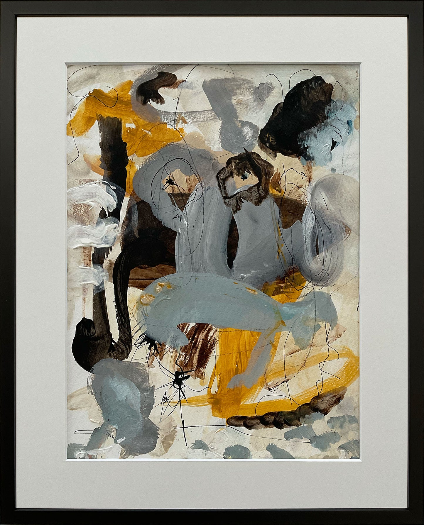 Paperwork nr. 4, 40x50 cm med valgfri indramning by Lone Reedtz , Abstrakt ekspressivt akrylmaleri på papir i passepartout 1 Med sort træramme