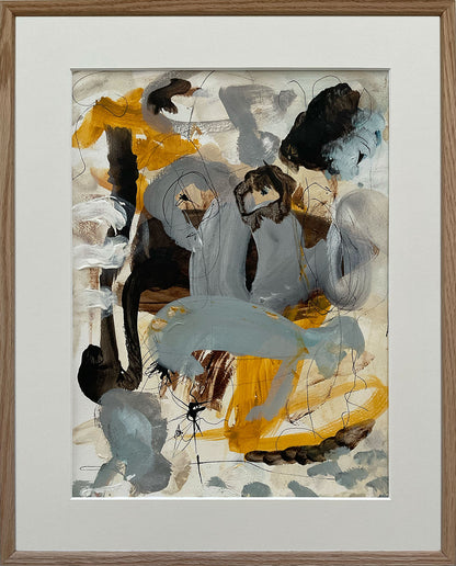 Paperwork nr. 4, 40x50 cm med valgfri indramning by Lone Reedtz , Abstrakt ekspressivt akrylmaleri på papir i passepartout 1 Med massiv egetræsramme
