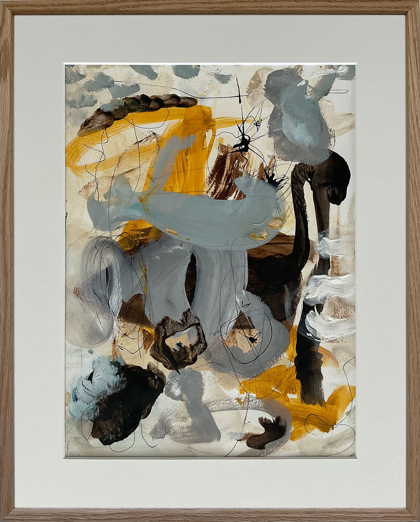 Paperwork nr. 4, 40x50 cm med valgfri indramning by Lone Reedtz , Abstrakt ekspressivt akrylmaleri på papir i passepartout 2 Med massiv egetræsramme