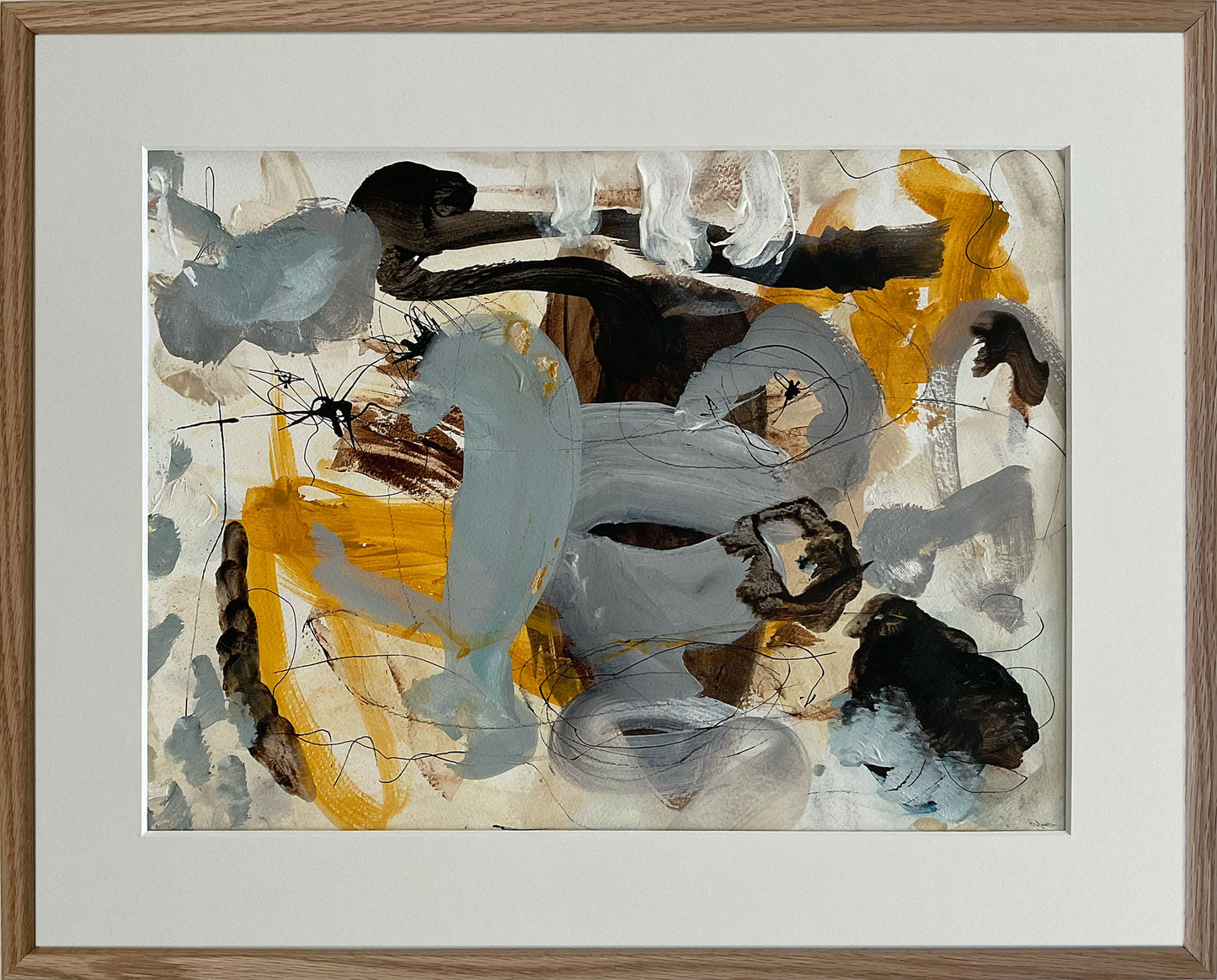Paperwork nr. 4, 40x50 cm med valgfri indramning by Lone Reedtz , Abstrakt ekspressivt akrylmaleri på papir i passepartout 4 Med massiv egetræsramme