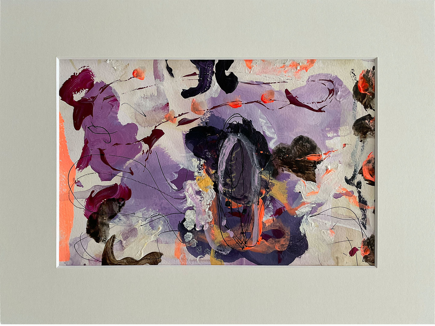Paperwork nr. 22, 40x30 cm, med massiv egetræsramme by Lone Reedtz , Abstrakt ekspressivt akrylmaleri på papir i passepartout 3 Uden ramme Childish