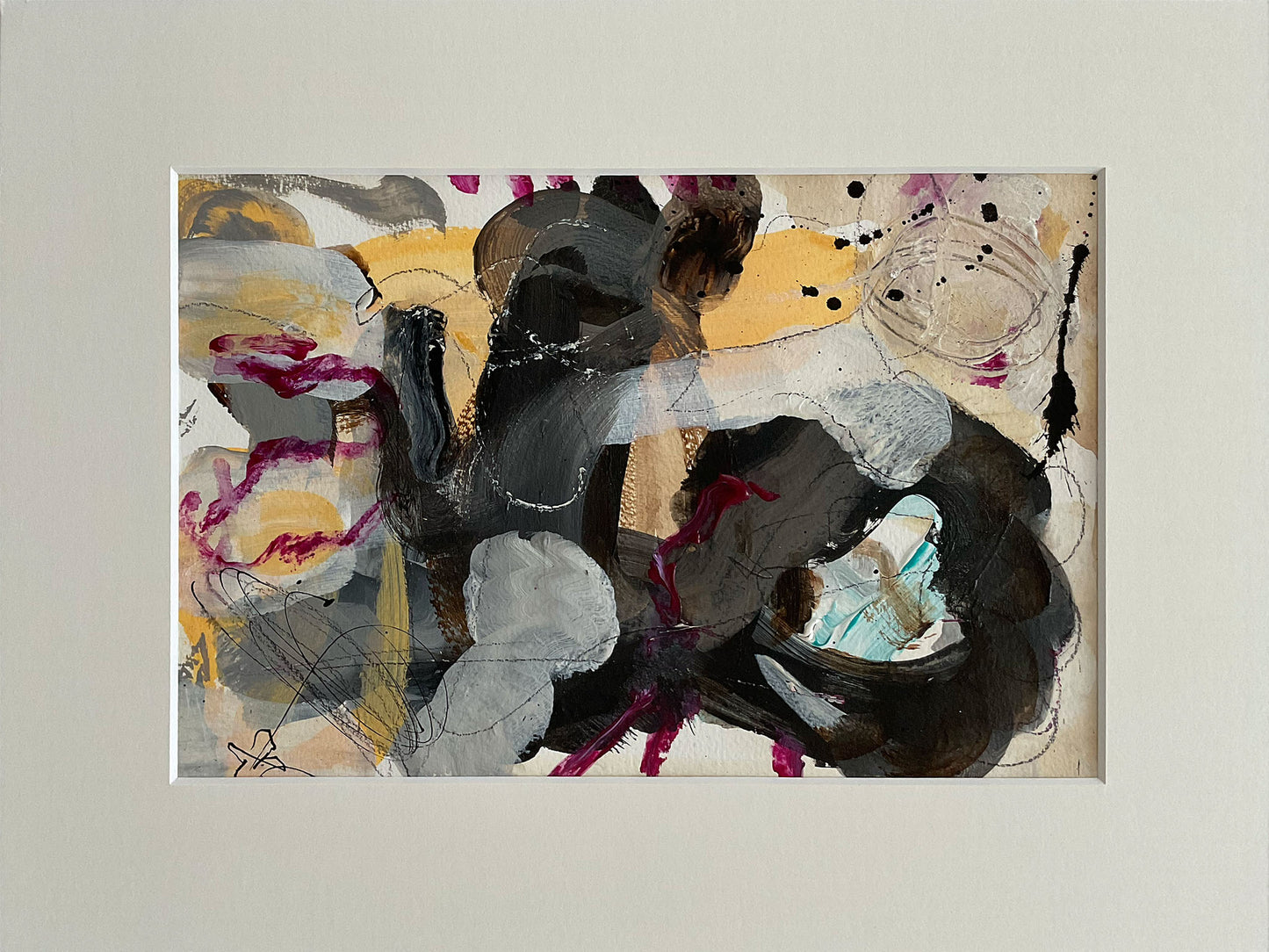 Paperwork nr. 28, 40x30 cm, med valgfri indramning by Lone Reedtz , Abstrakt ekspressivt akrylmaleri på papir i passepartout