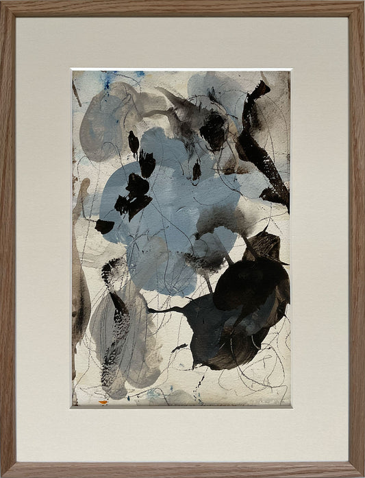 Paperwork nr. 20, 40x30 cm, med valgfri indramning by Lone Reedtz , Abstrakt ekspressivt akrylmaleri på papir i passepartout 2 Med massiv egetræsramme