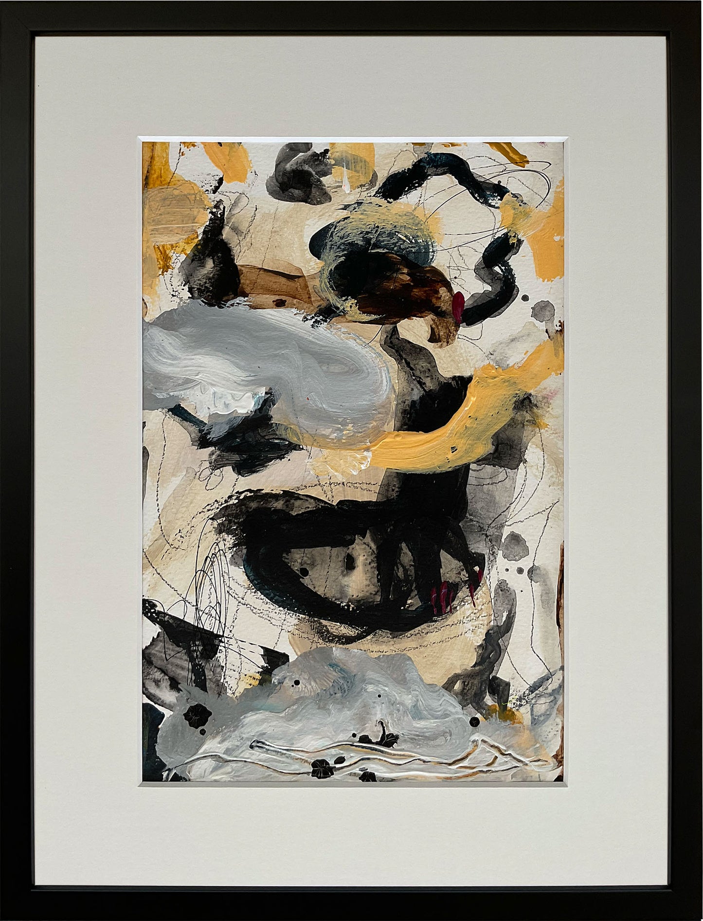 Paperwork nr. 32, 30x40 cm med valgfri indramning by Lone Reedtz , Abstrakt ekspressivt akrylmaleri på papir i passepartout 2 Med sort træramme