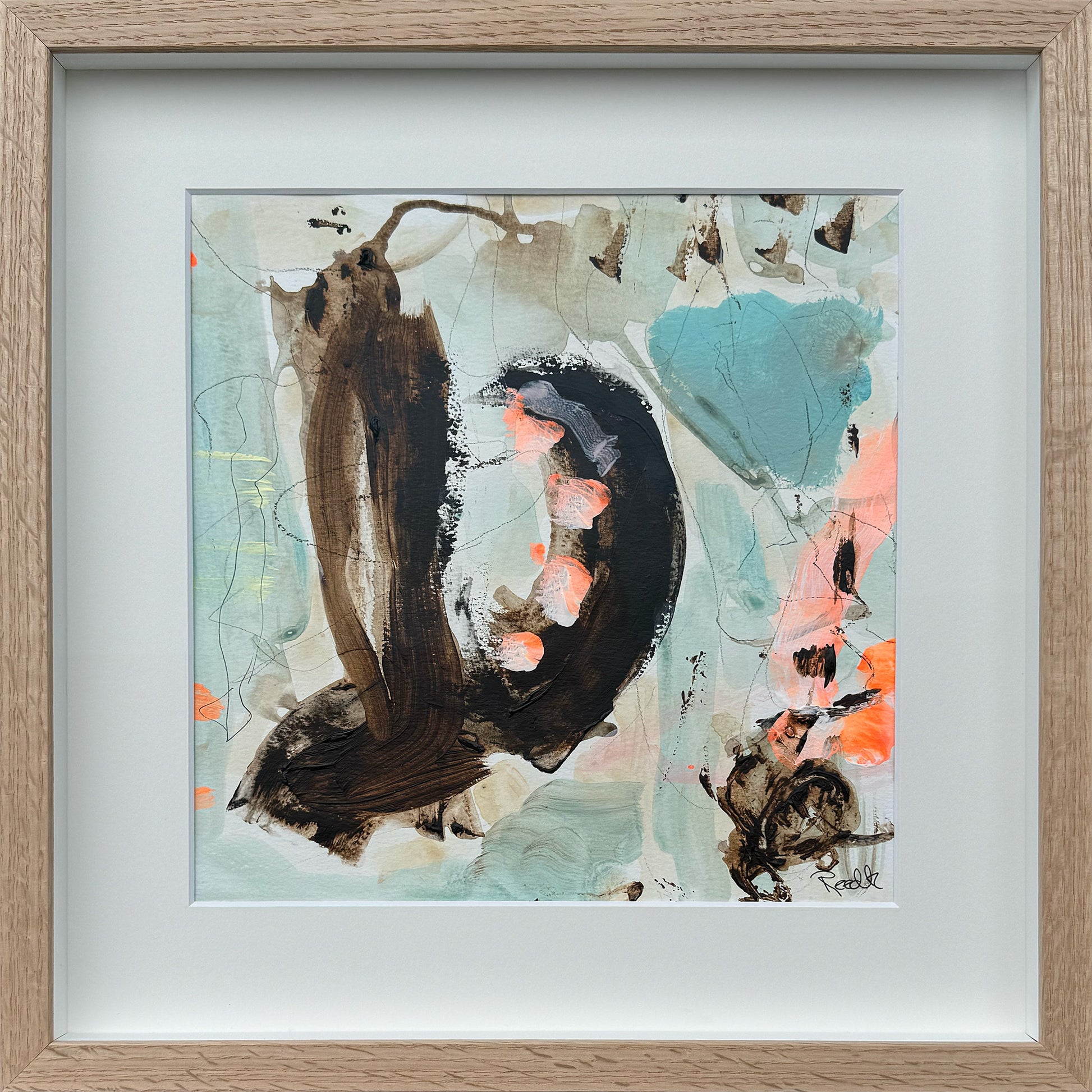 Paperwork nr. 121, 40x40 cm, i boksramme af massivt egetræ by Lone Reedtz , Abstrakt ekspressivt akrylmaleri på papir i passepartout