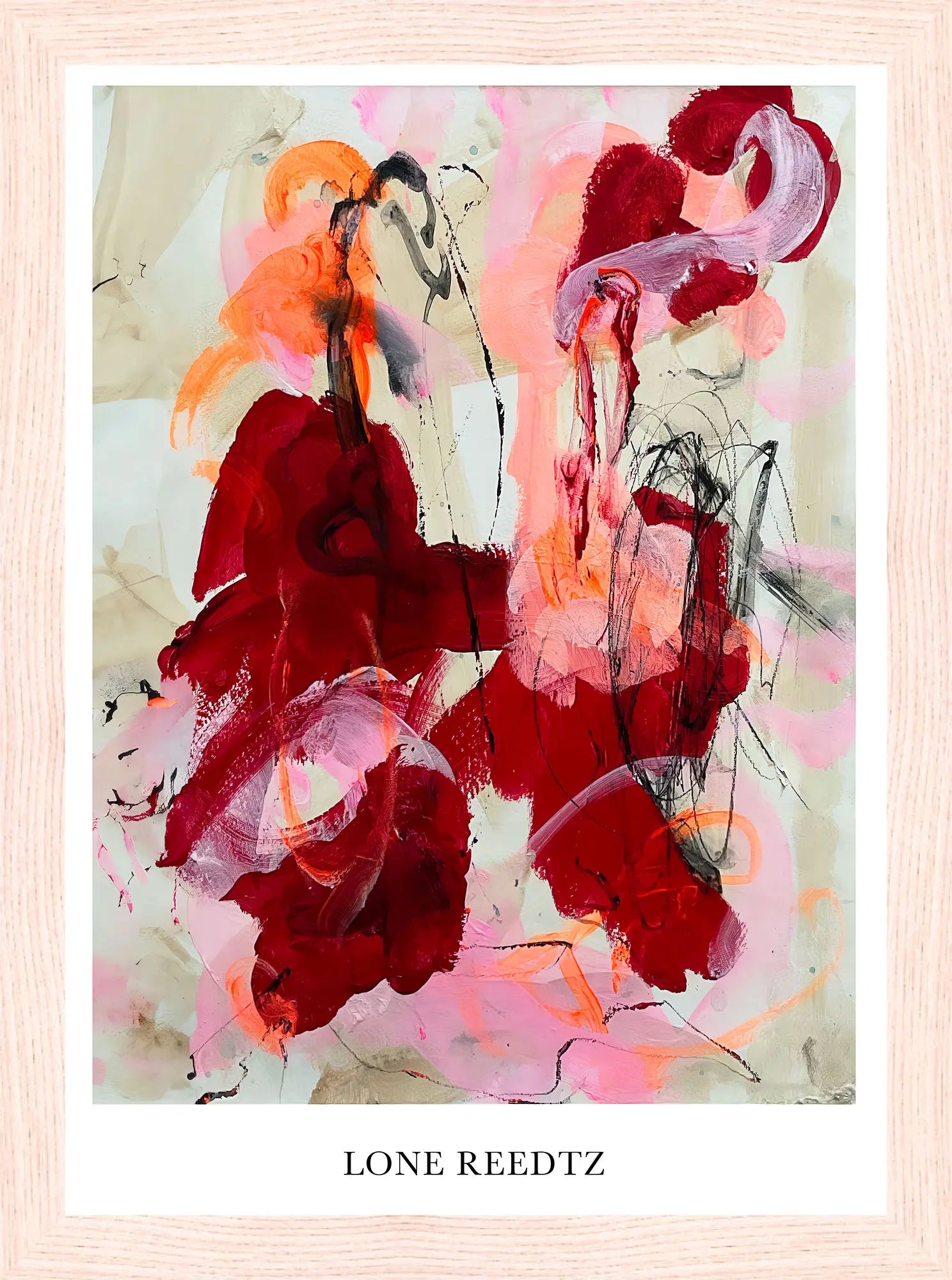 Hearts without borders – Abstrakt kunsttryk af Lone Reedtz by Lone Reedtz , Abstrakt ekspressiv kunstplakat 21 x 15 cm (A5) Kunsttryk + Ramme