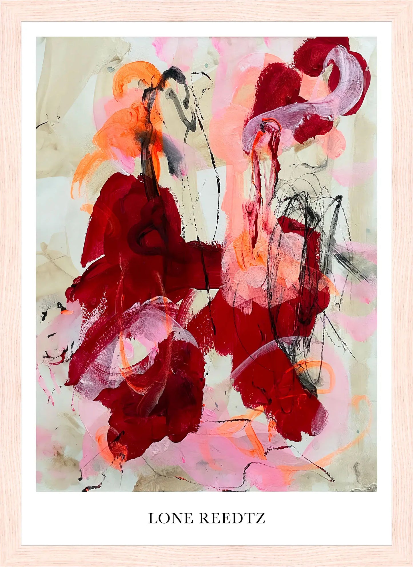 Hearts without borders – Abstrakt kunsttryk af Lone Reedtz by Lone Reedtz , Abstrakt ekspressiv kunstplakat 30 x 21 cm (A4) Kunsttryk + Ramme